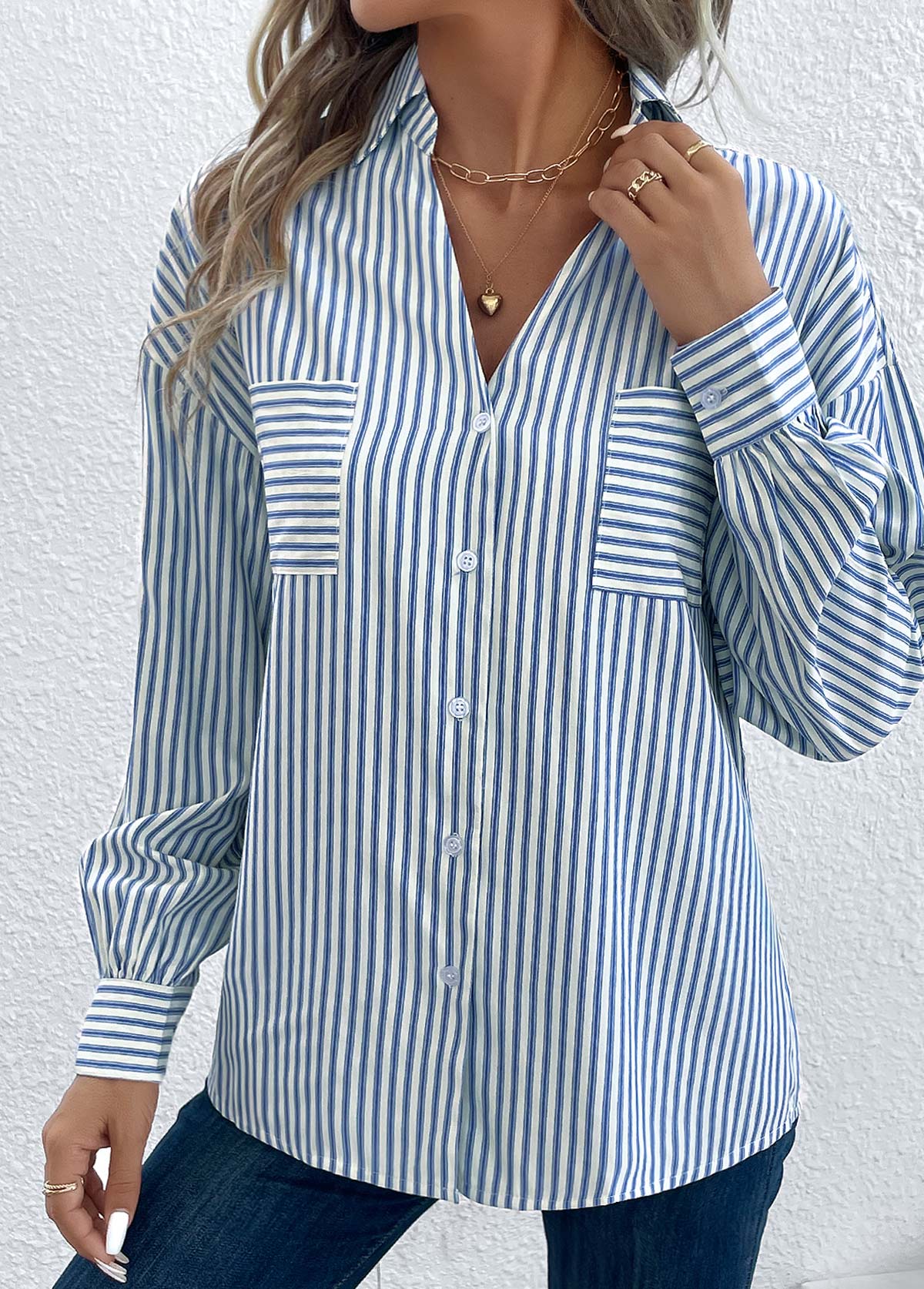 Striped Pocket Blue Shirt Collar Long Sleeve Blouse | Rosewe.com - USD ...