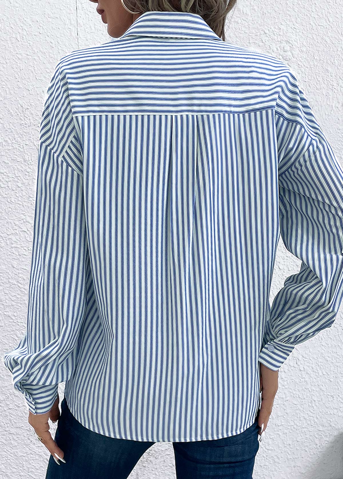 Striped Pocket Blue Shirt Collar Long Sleeve Blouse