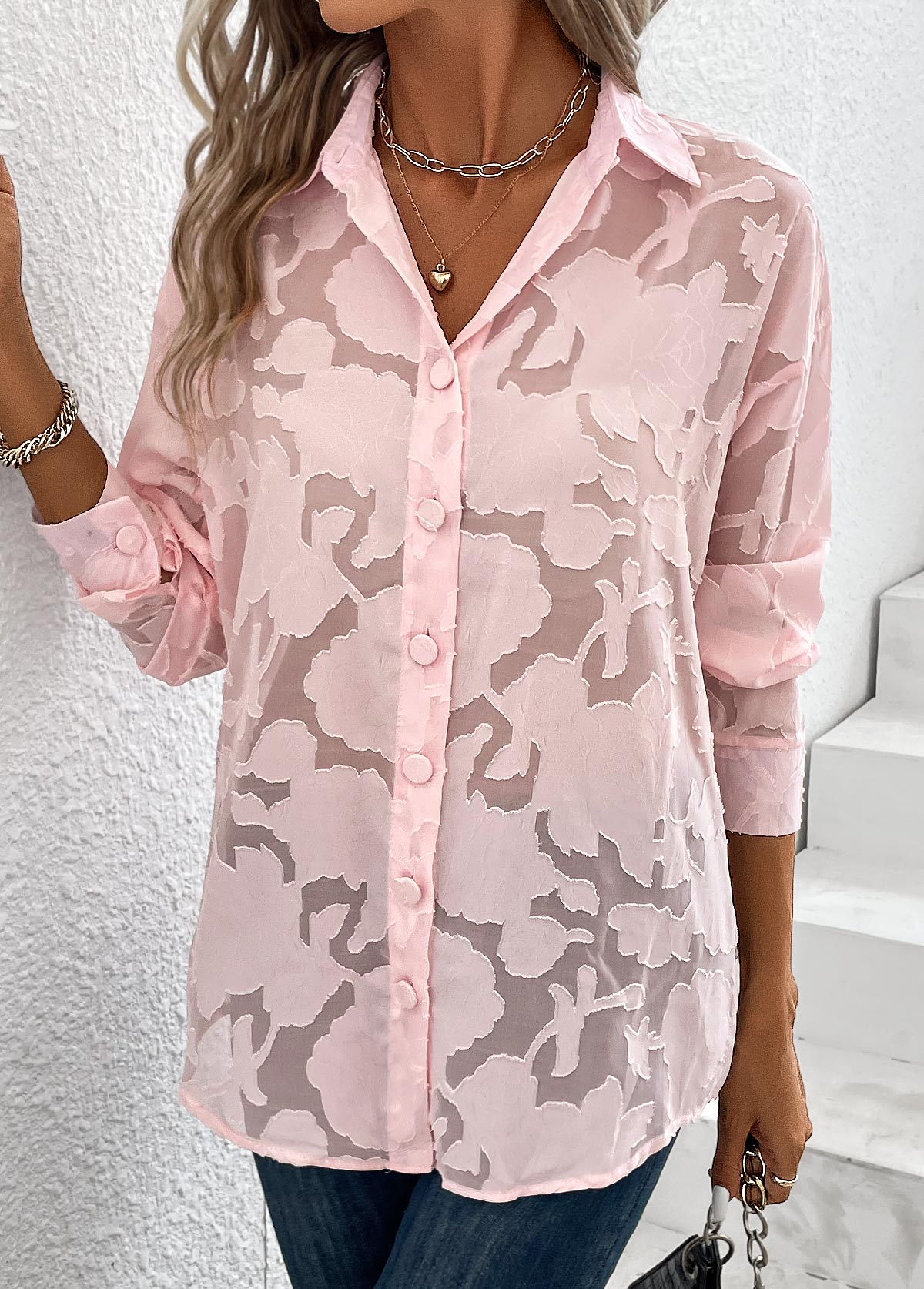 Button Shirt Collar Long Sleeve Light Pink Blouse