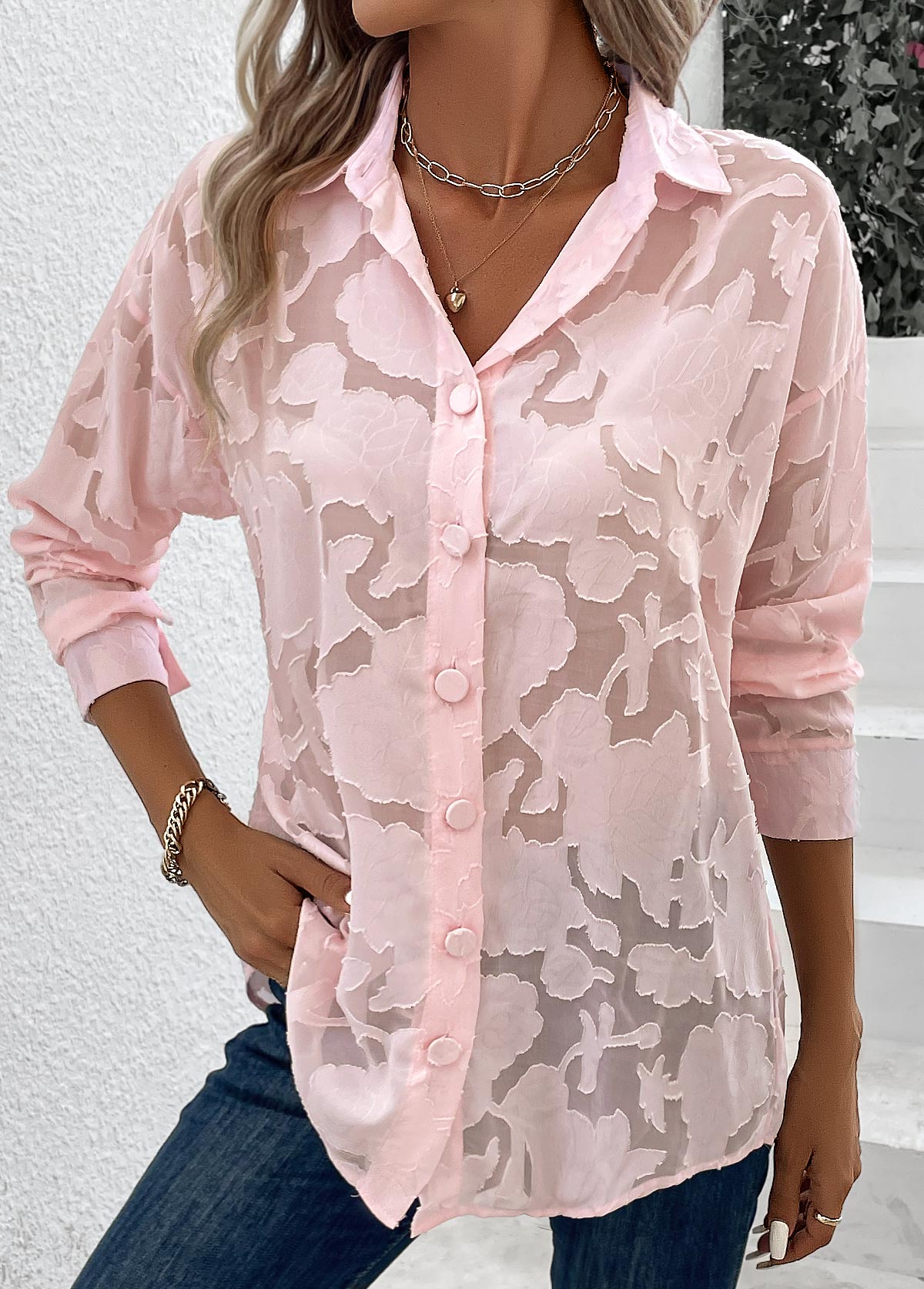 Button Shirt Collar Long Sleeve Light Pink Blouse