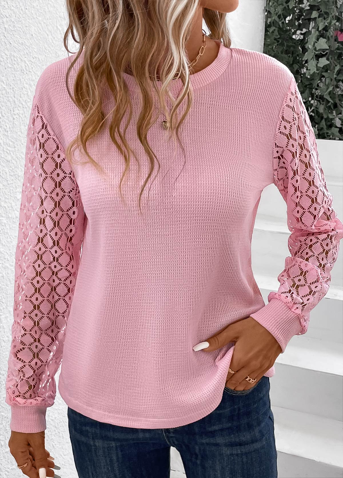 Lace Round Neck Long Sleeve Pink T Shirt