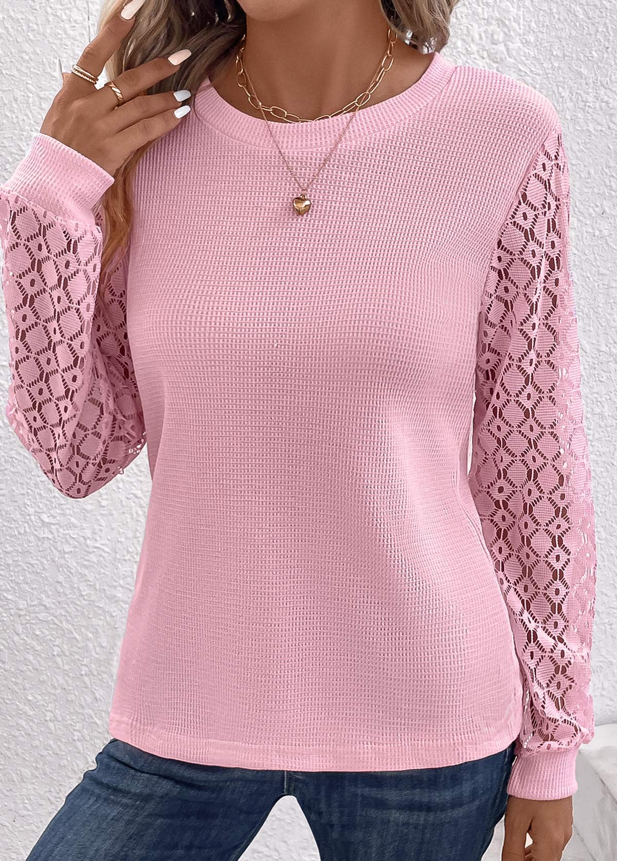 Lace Round Neck Long Sleeve Pink T Shirt
