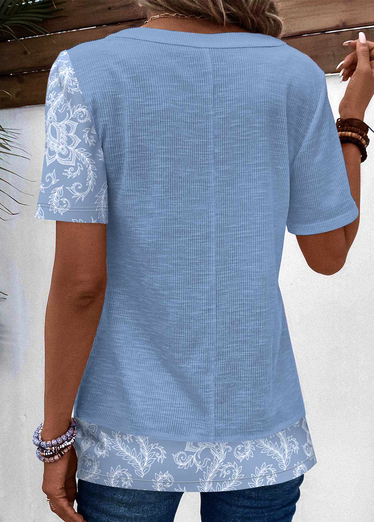 Tribal Print Patchwork Dusty Blue T Shirt