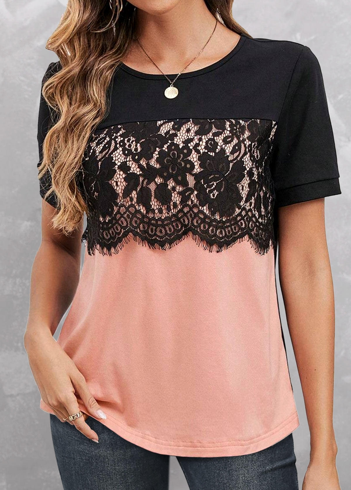 Lace Round Neck Dusty Pink T Shirt