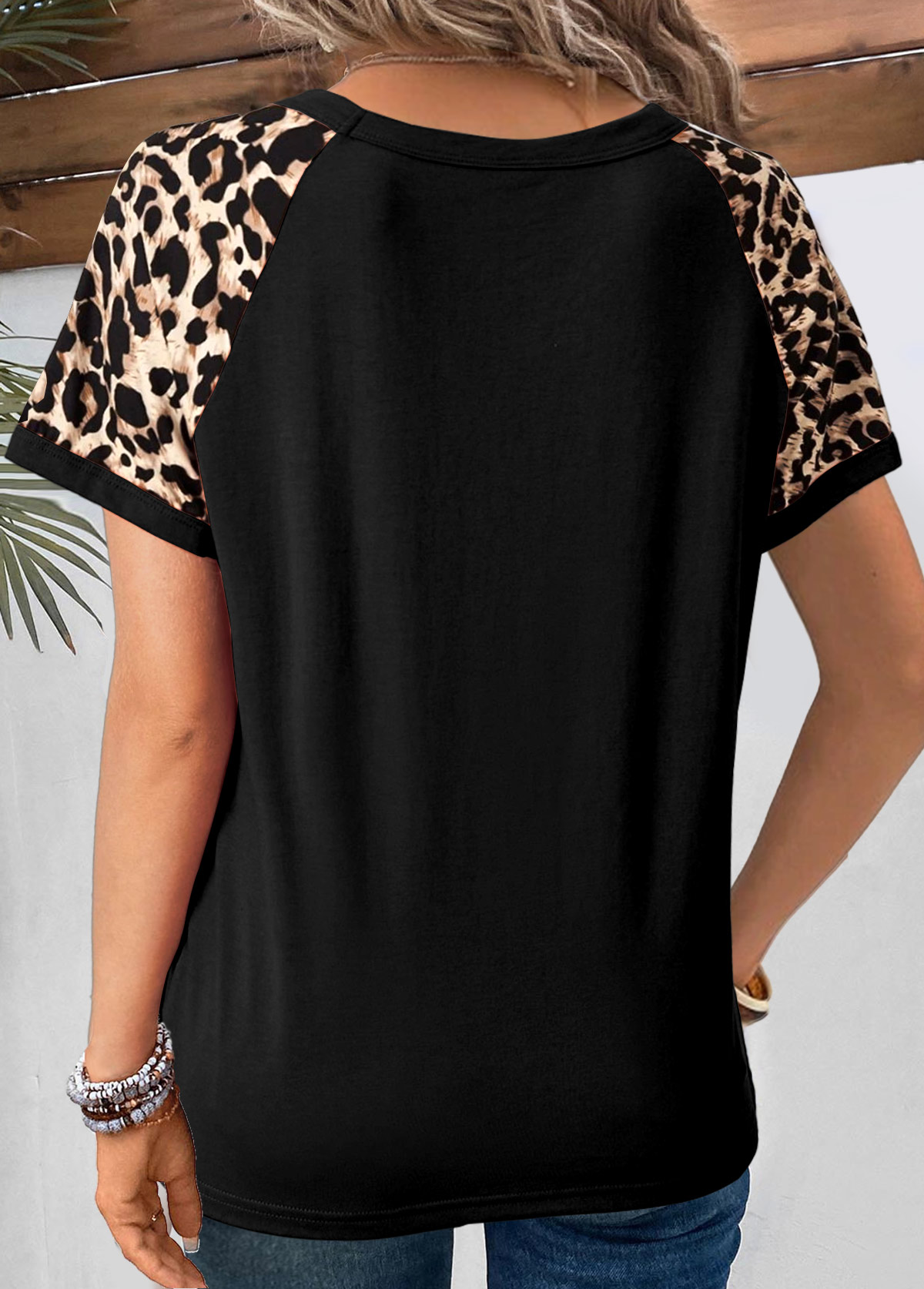 Leopard Patchwork Black Round Neck T Shirt