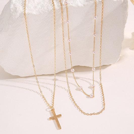 Gold Pearl Detail Cross Alloy Necklace Set