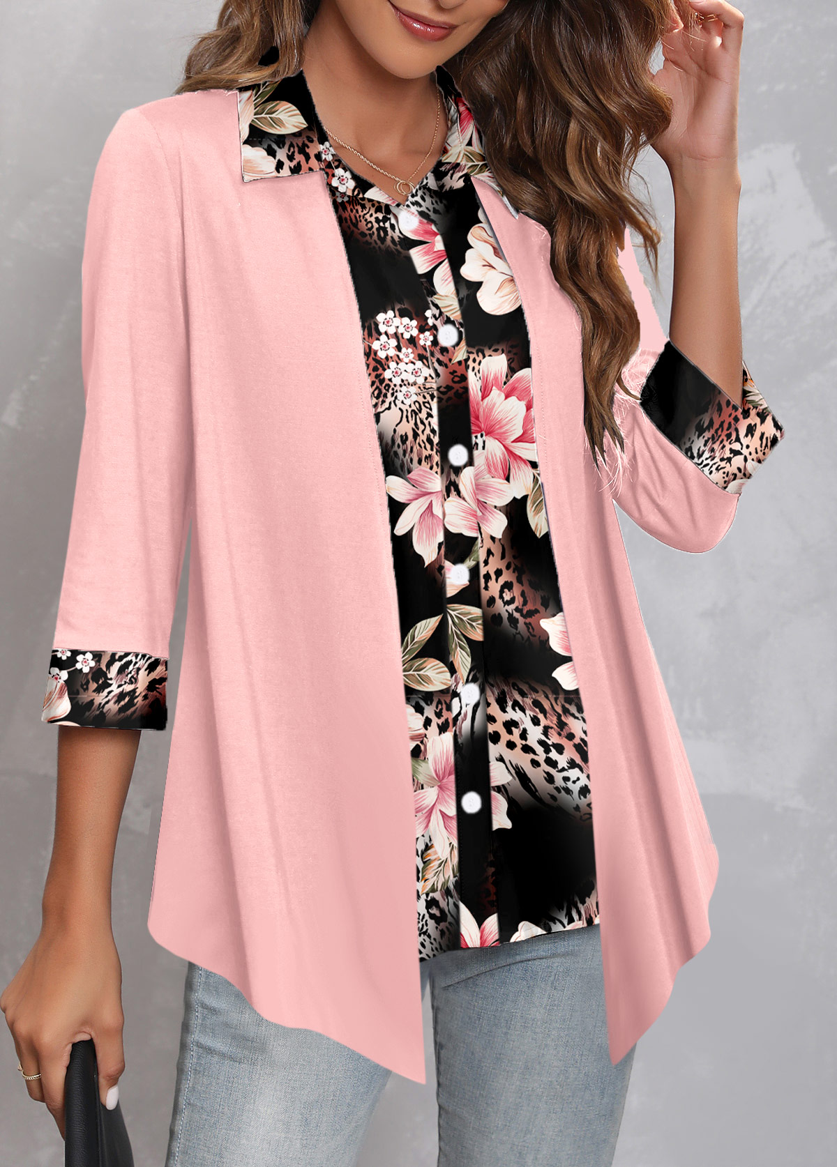 Floral Print Fake 2in1 Light Pink Blouse