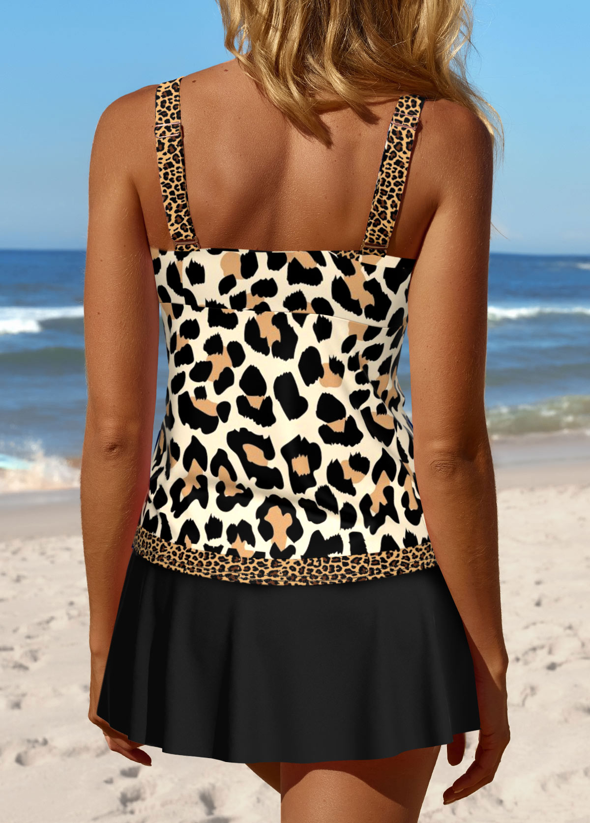 Mid Waisted Leopard Patchwork Black Tankini Set