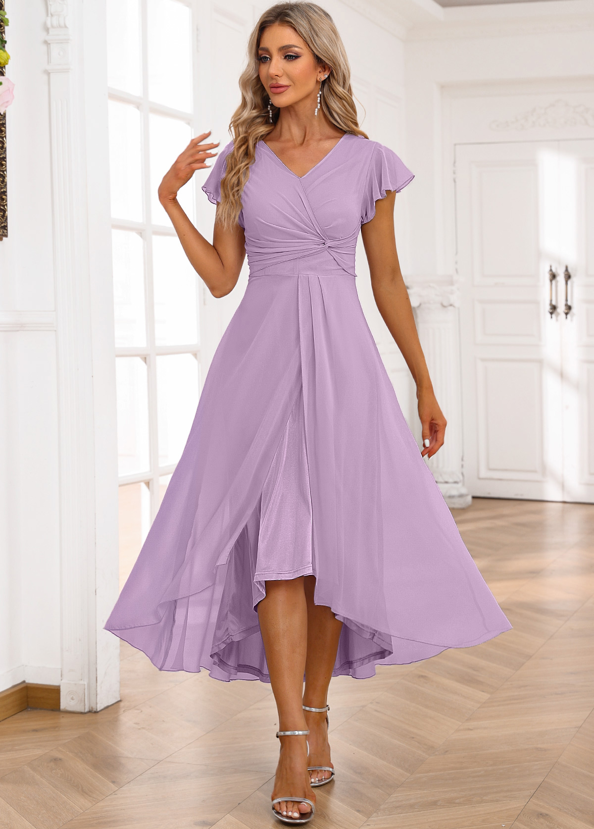 Light Purple High Low V Neck Twist Dress