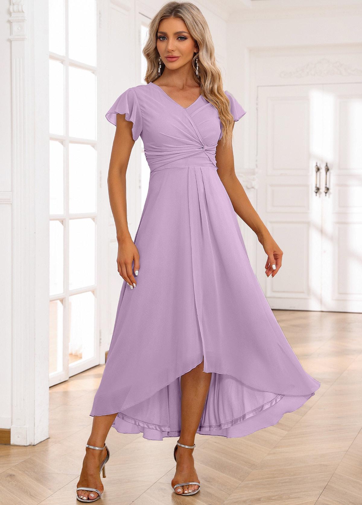 Light Purple High Low V Neck Twist Dress