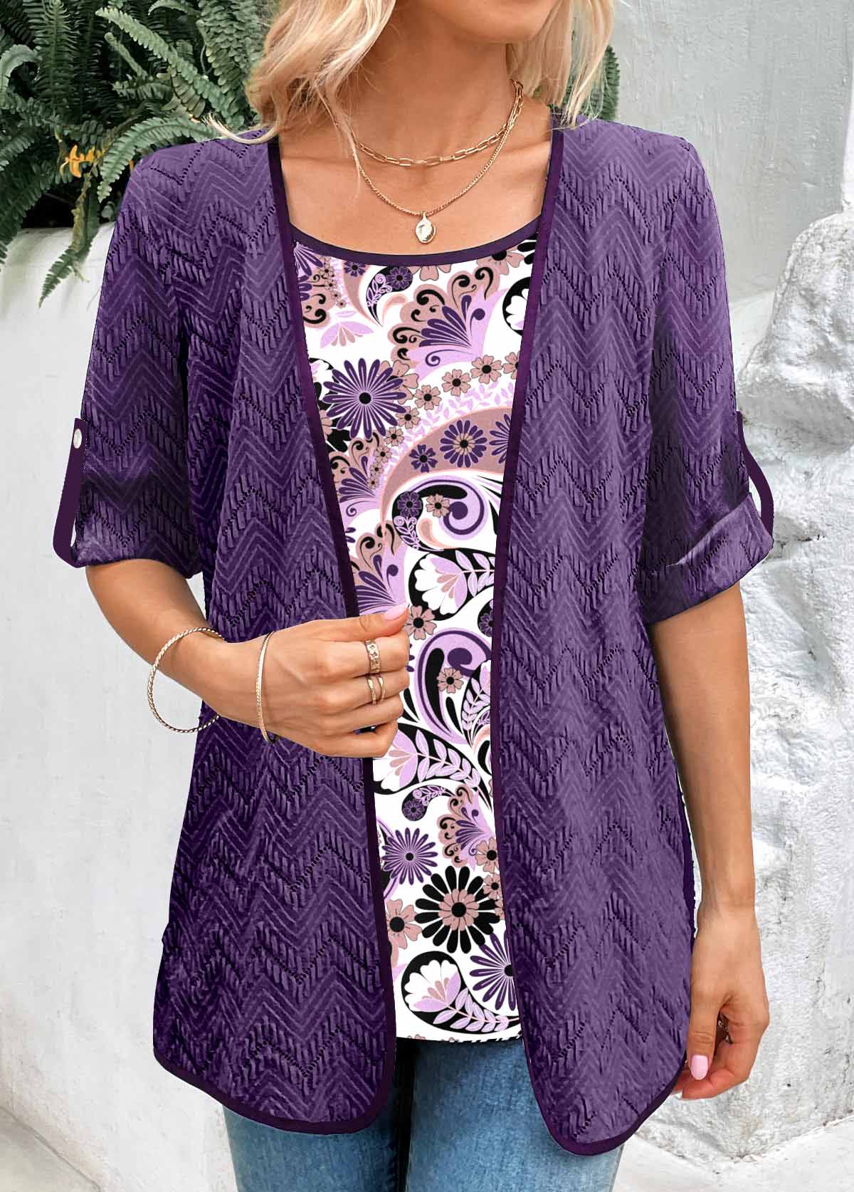 Paisley Print Fake 2in1 Dark Purple Blouse