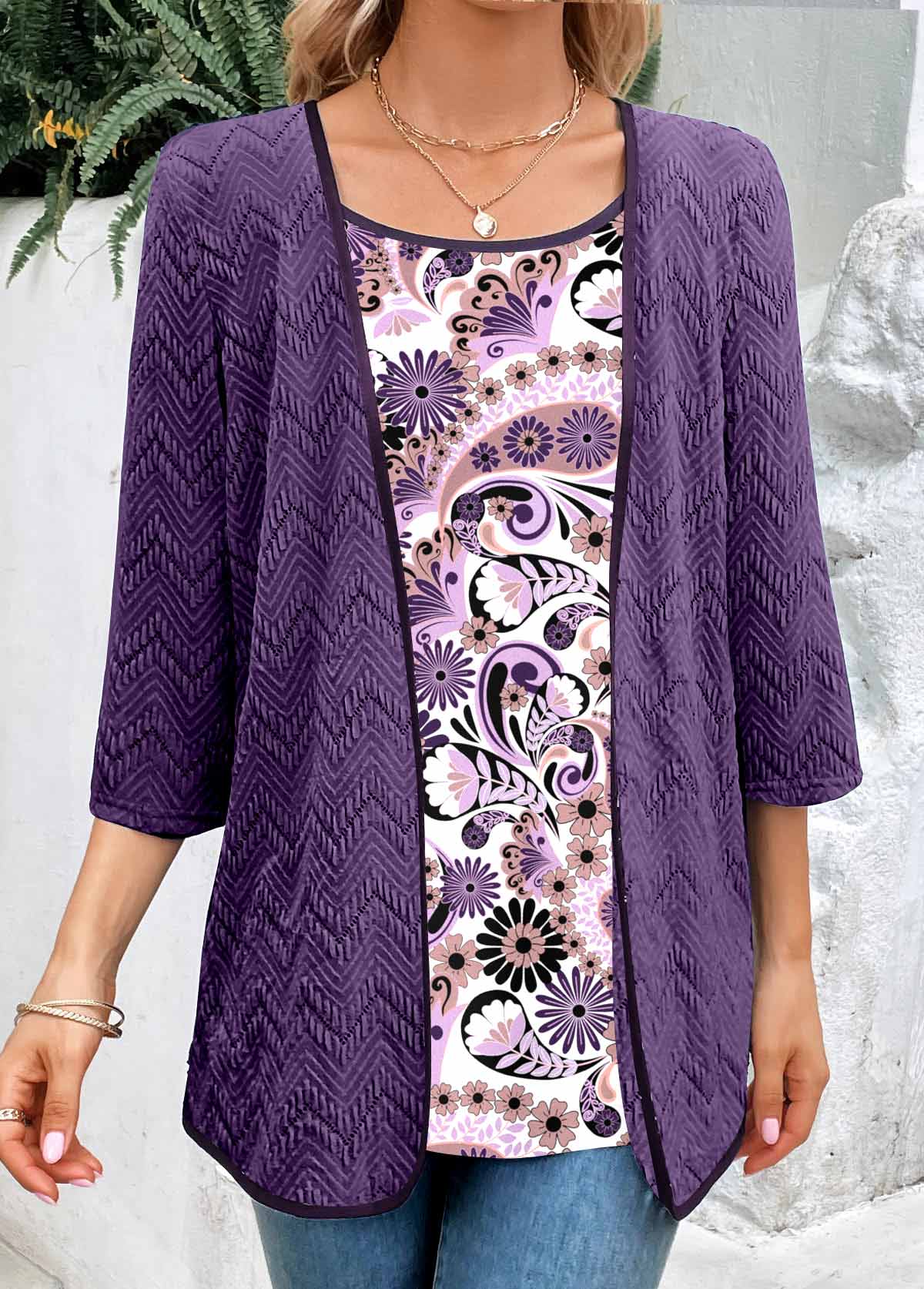Paisley Print Fake 2in1 Dark Purple Blouse