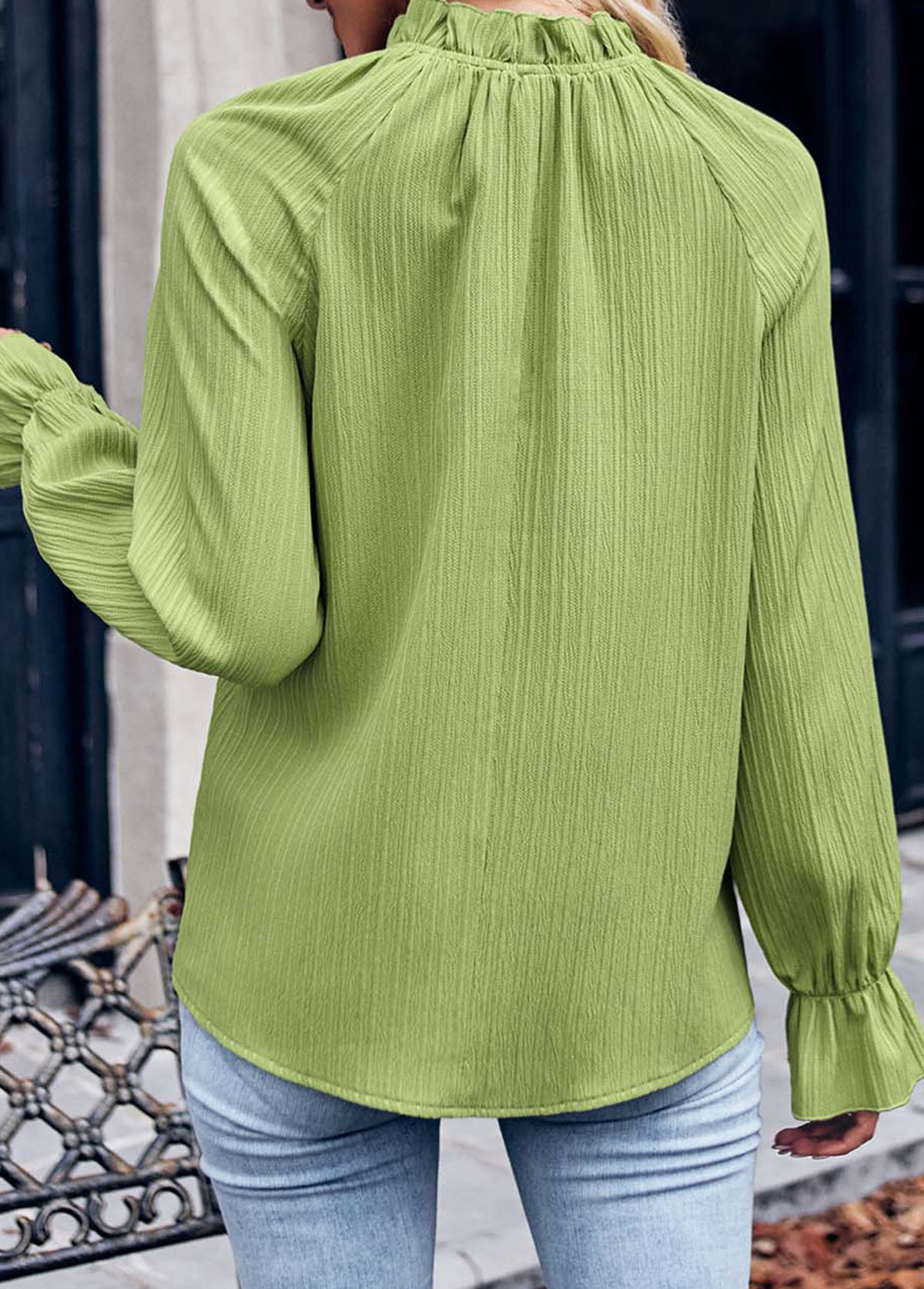 Avocado Green Stand Collar Long Sleeve Ruched Blouse