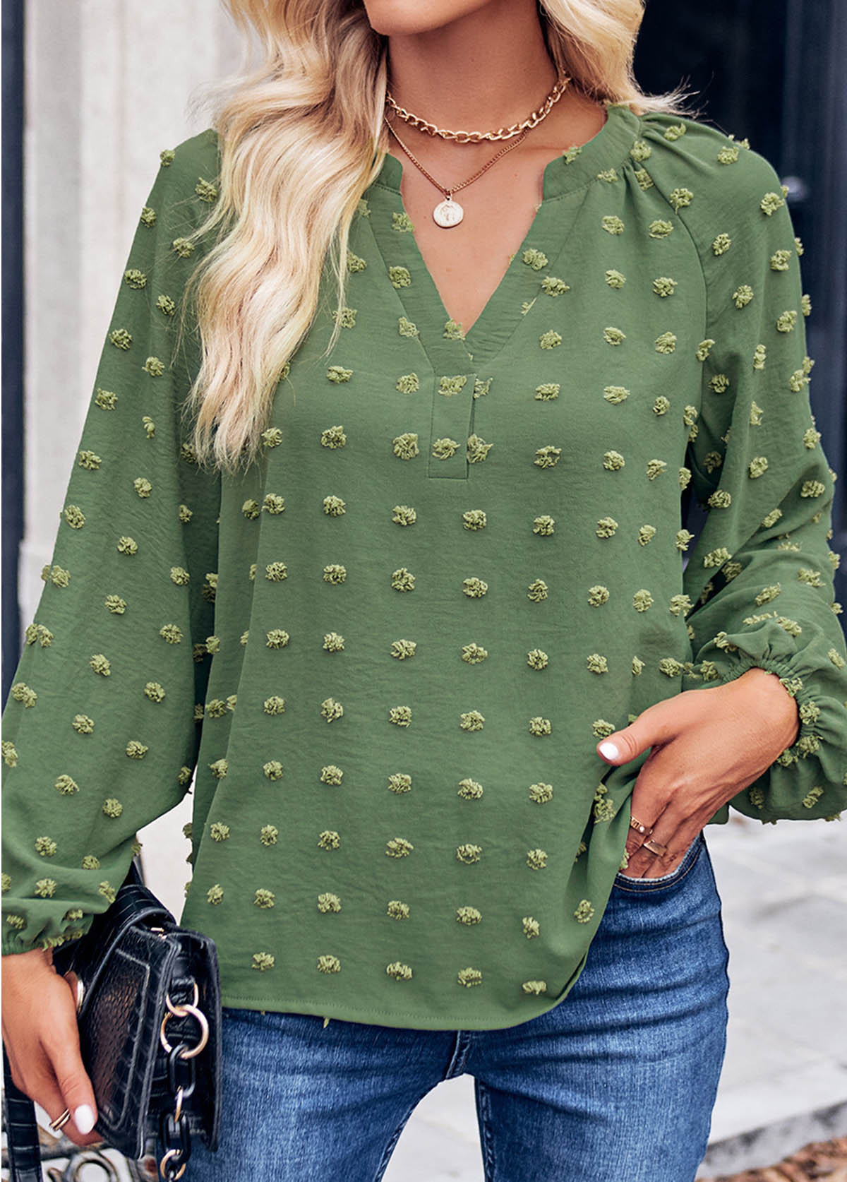 Split Ruched Green Long Sleeve Blouse