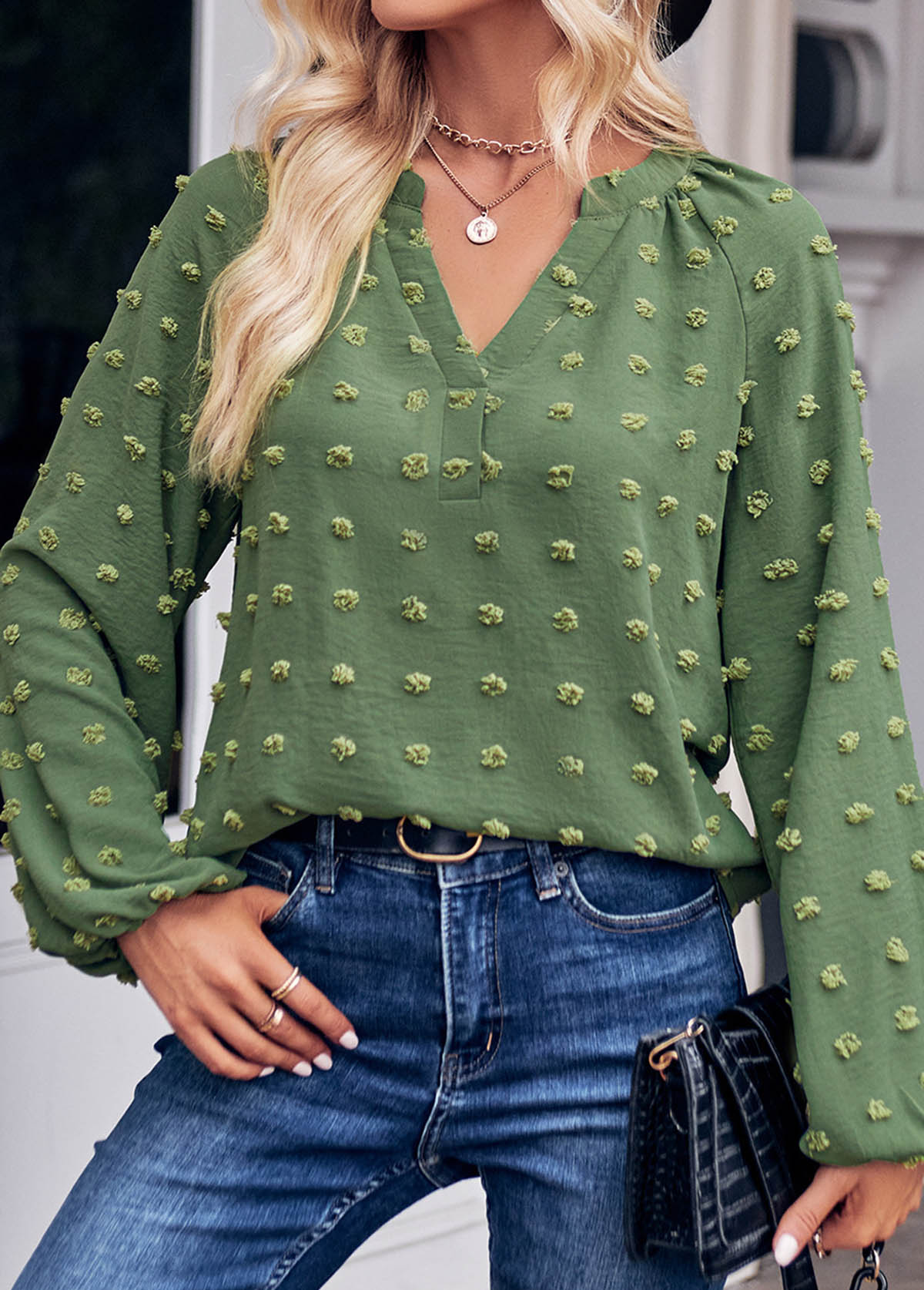 Split Ruched Green Long Sleeve Blouse