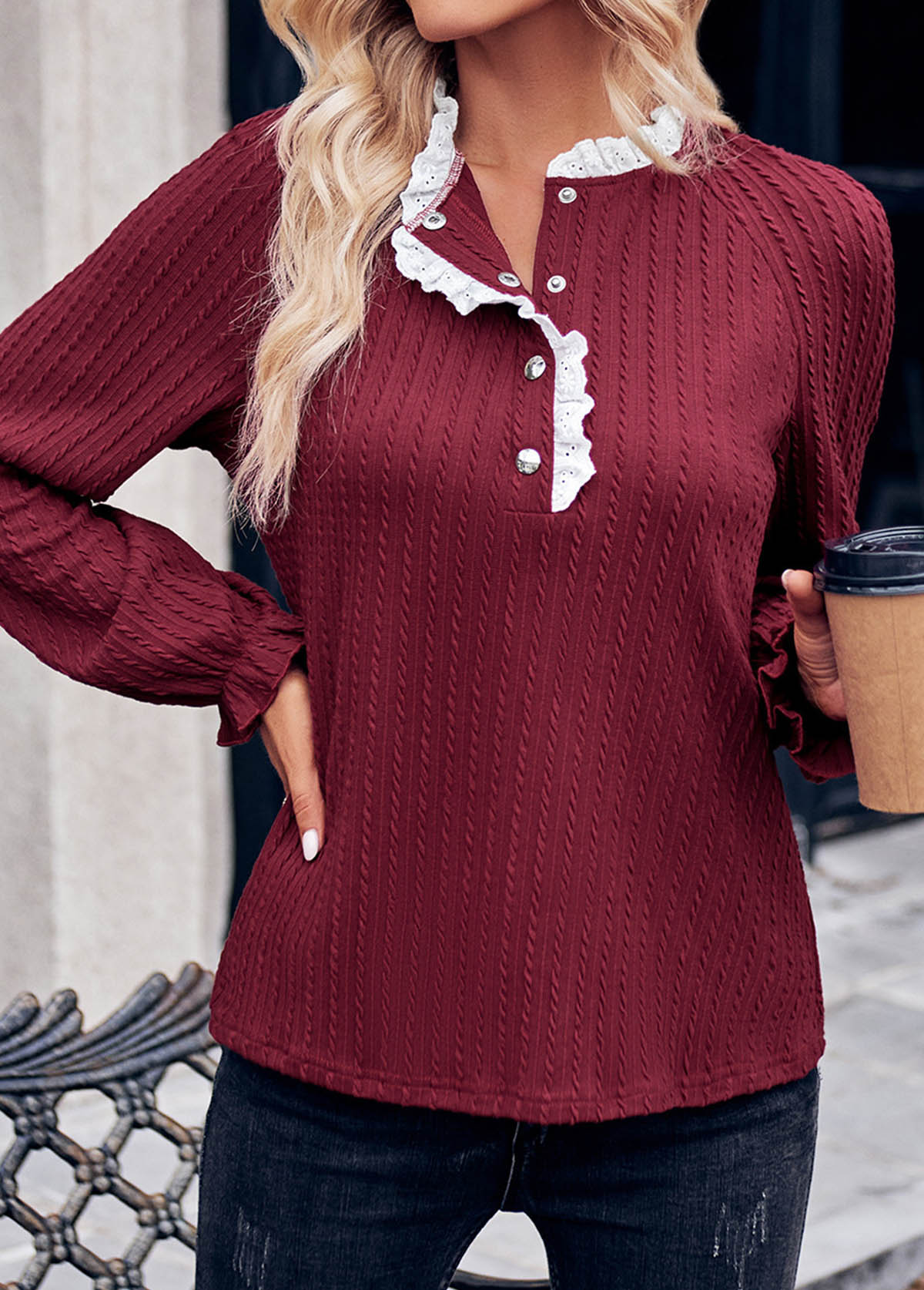 Long Sleeve Patchwork Wine Red Stand Collar Blouse