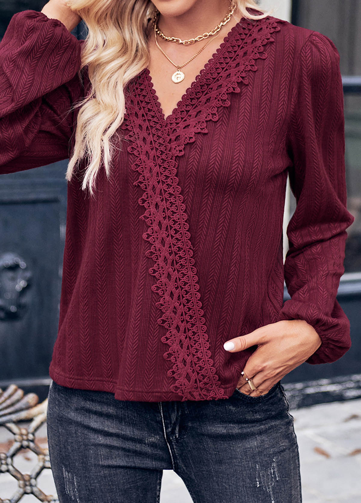 V Neck Lace Wine Red T Shirt