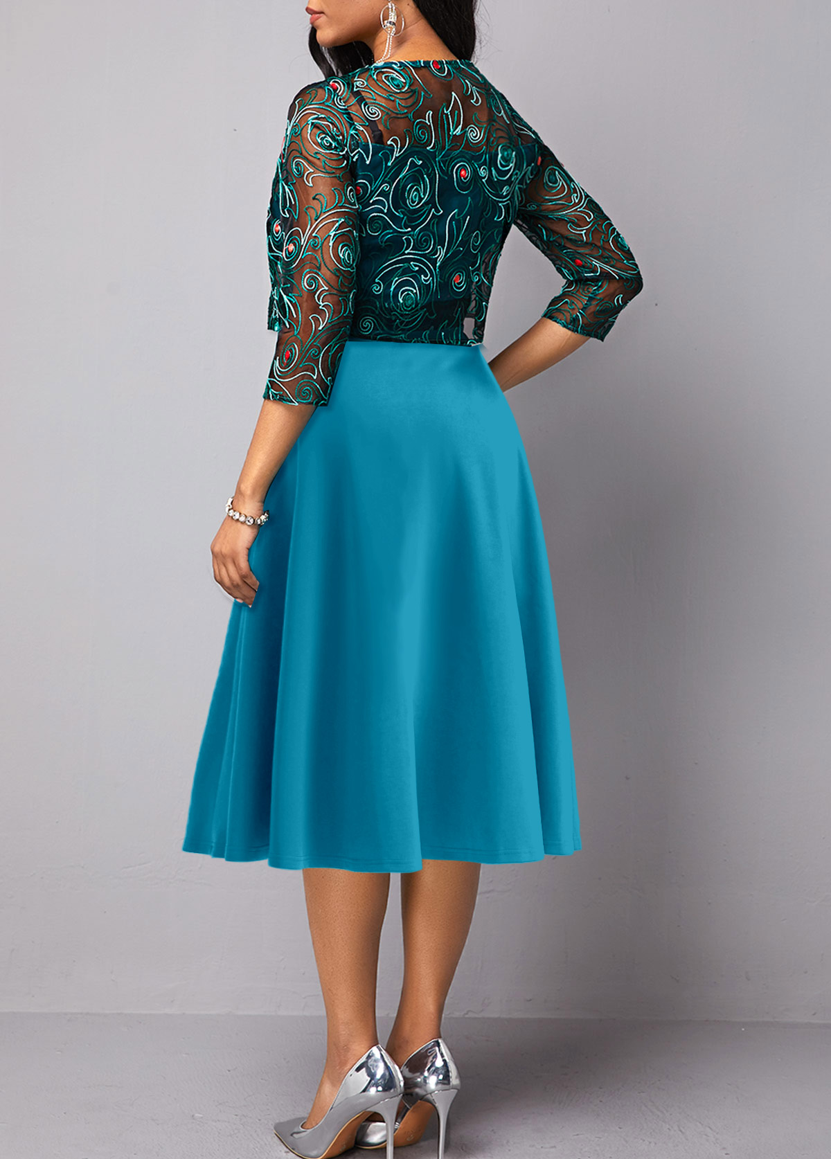 Round Neck Lace Peacock Blue Dress