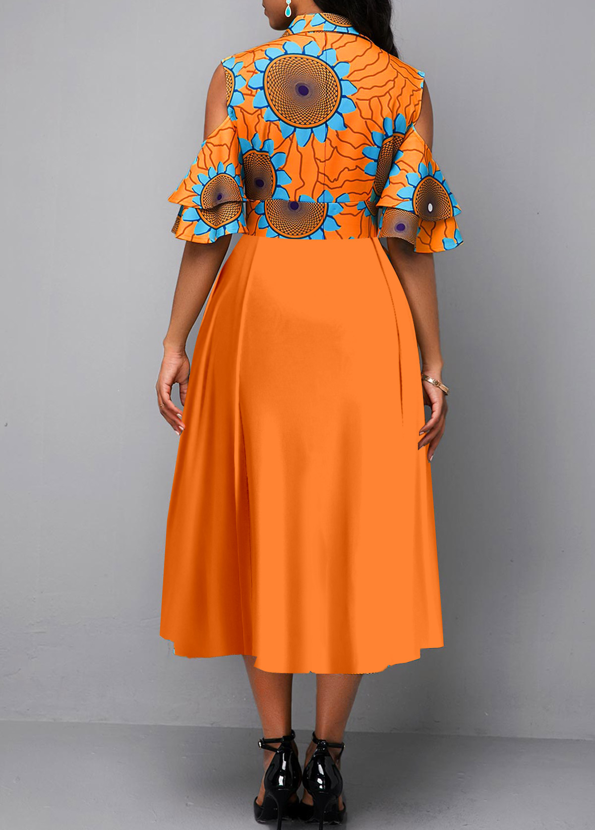 Tribal Print Ruffle Orange Shirt Collar Dress
