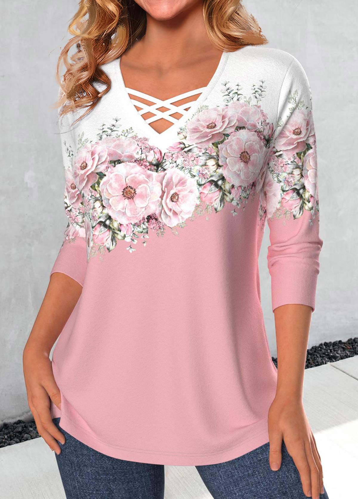 Floral Print Criss Cross Pink T Shirt