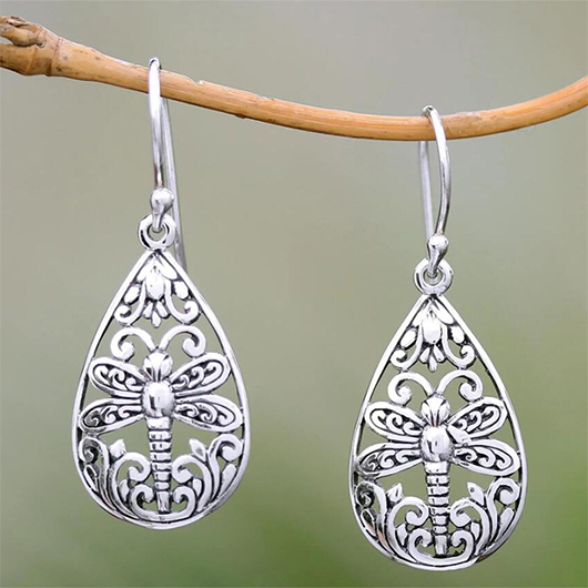 Dragonfly Hollow Design Silver Oval Earrings