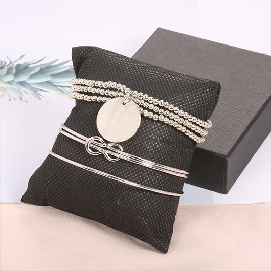 Beads Detail Twist Silver Round Bracelet Set