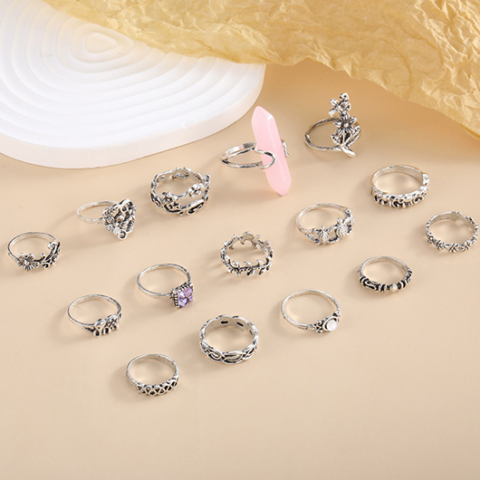 Floral Design Silver Retro Ring Set