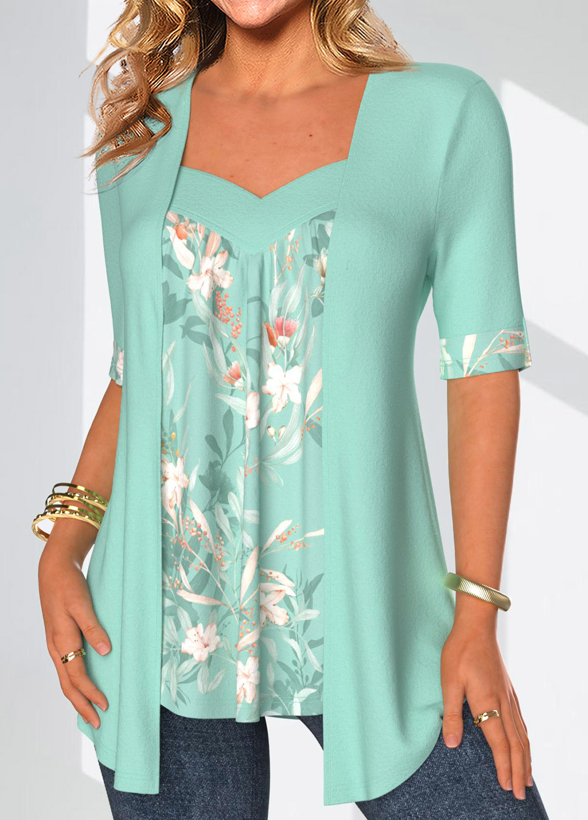 Floral Print Fake 2in1 Mint Green T Shirt