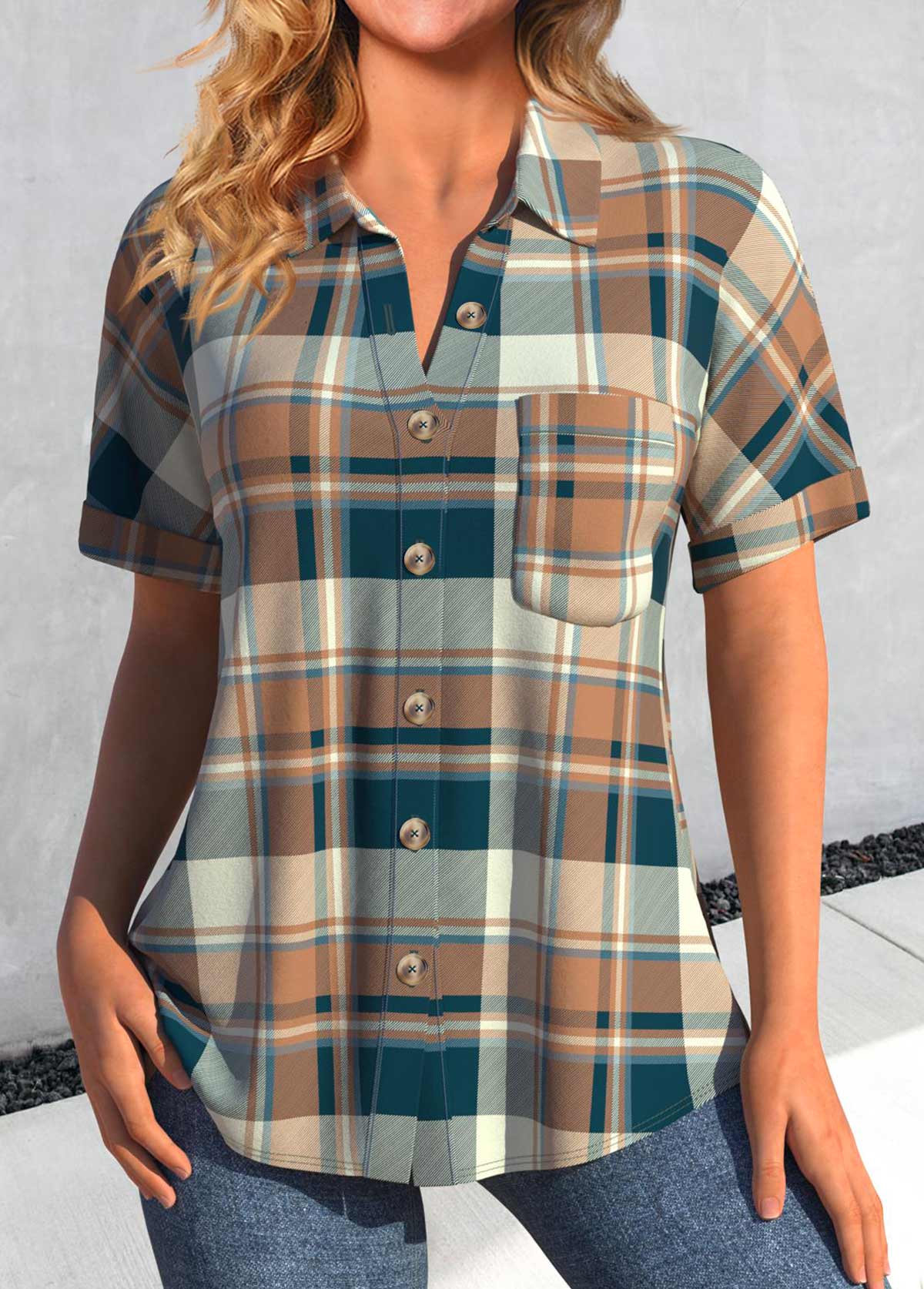 Plaid Button Multi Color Shirt Collar Blouse | Rosewe.com - USD $28.78