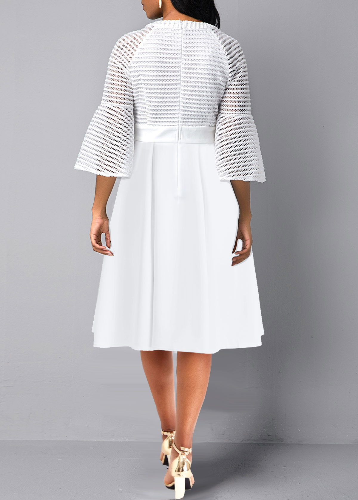 Three Quarter Length Sleeve Mesh White Round Neck Dress