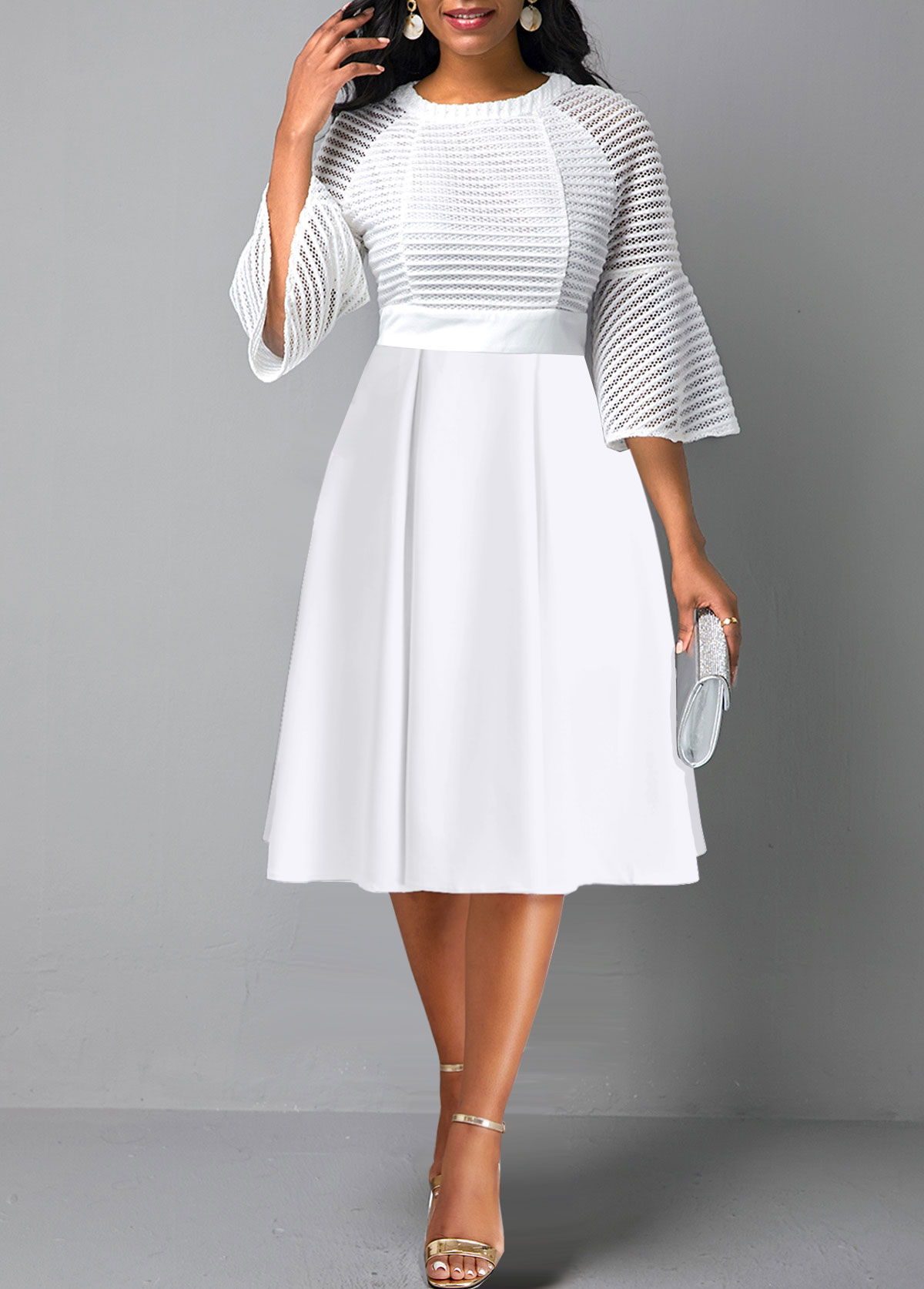 Three Quarter Length Sleeve Mesh White Round Neck Dress