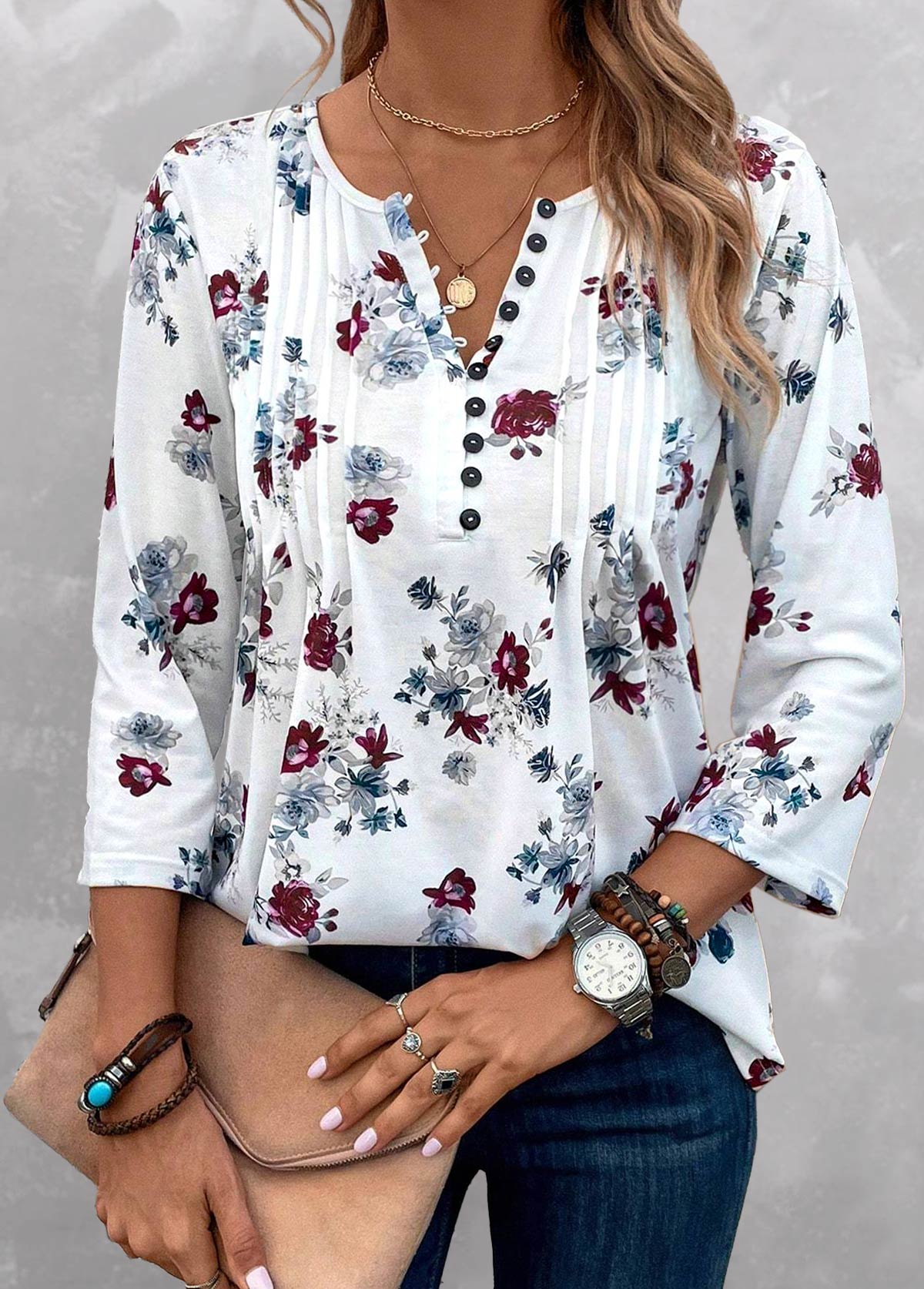 Floral Print Tuck Stitch White 3/4 Sleeve Blouse