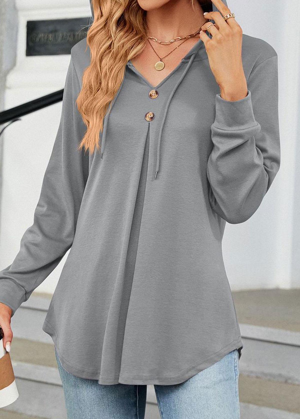 Long Sleeve Button Light Grey Hooded T Shirt | Rosewe.com - USD $28.98