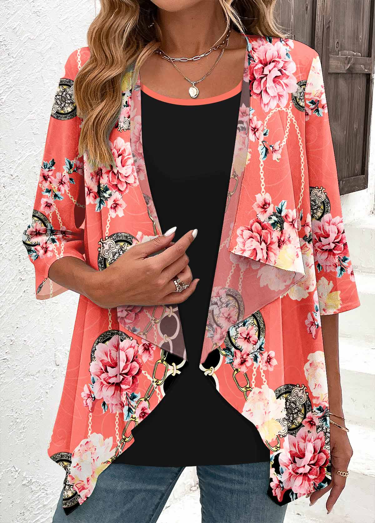 Floral Print Fake 2in1 Peach Red Blouse