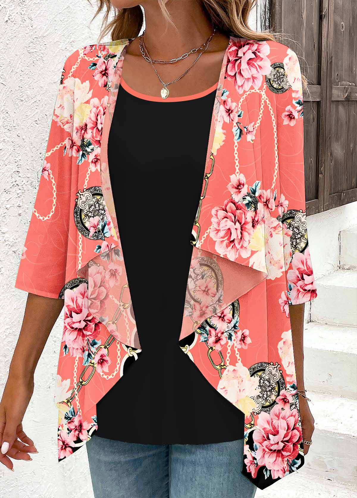 Floral Print Fake 2in1 Peach Red Blouse