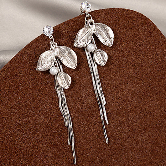 Silvery White Alloy Leaf Detail Earrings