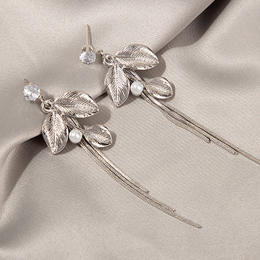 Silvery White Alloy Leaf Detail Earrings