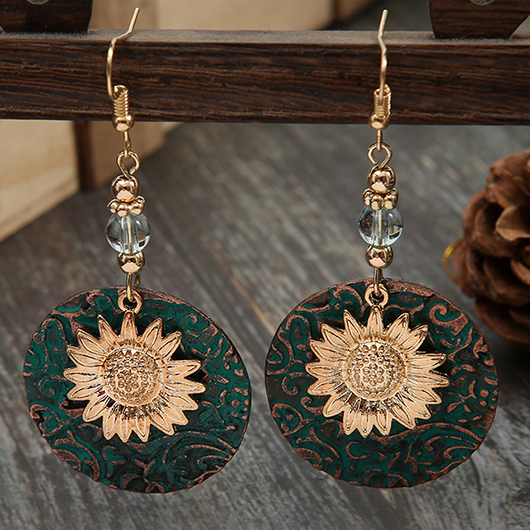 Turquoise Round Alloy Detail Floral Design Earrings