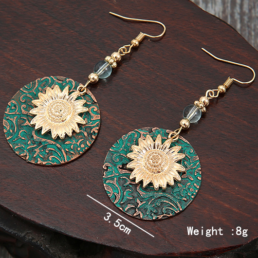 Turquoise Round Alloy Detail Floral Design Earrings