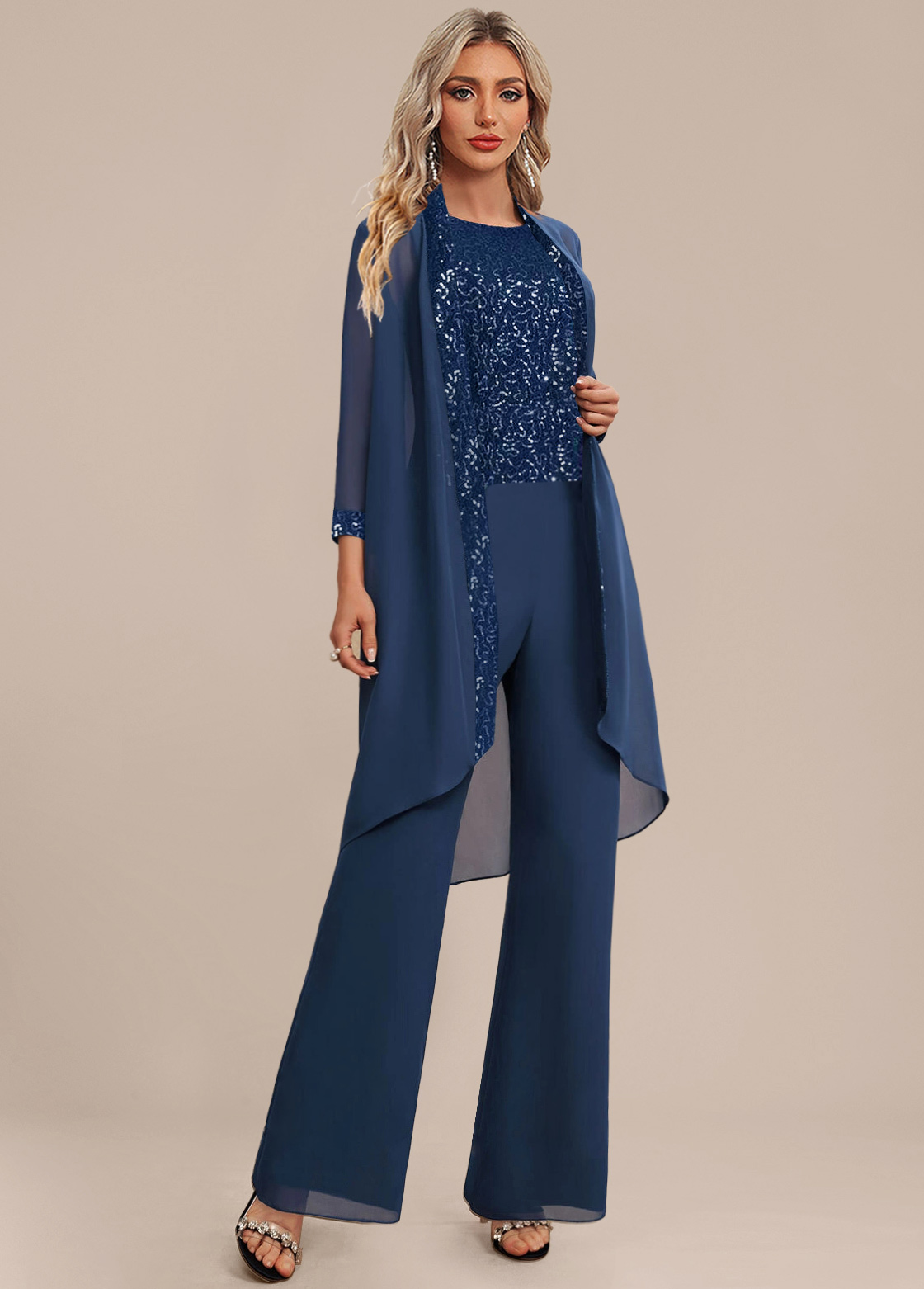 Patchwork Long Round Neck Sleeveless Navy Jumpsuit and Cardigan