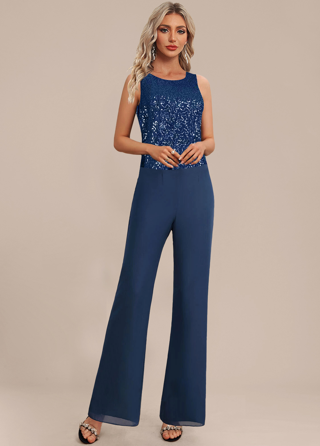 Patchwork Long Round Neck Sleeveless Navy Jumpsuit and Cardigan