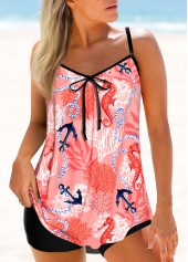 Tropical Plants Print Bowknot Coral Red Tankini Top-No Bottom