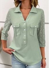 Patchwork Button Sage Green Shirt Collar Blouse