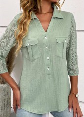 Patchwork Button Sage Green Shirt Collar Blouse