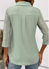Patchwork Button Sage Green Shirt Collar Blouse