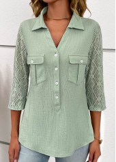 Patchwork Button Sage Green Shirt Collar Blouse