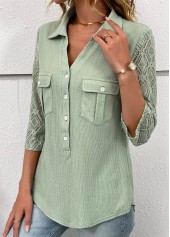 Patchwork Button Sage Green Shirt Collar Blouse