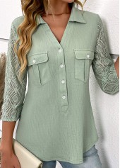 Patchwork Button Sage Green Shirt Collar Blouse