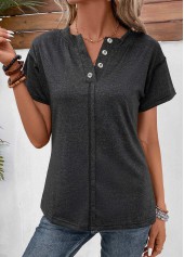 Split Neck Button Black Short Sleeve T Shirt