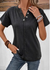 Split Neck Button Black Short Sleeve T Shirt
